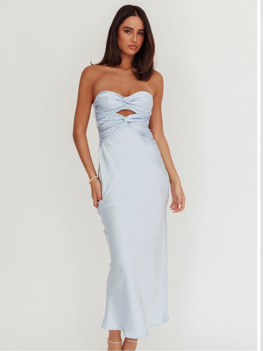 NWT Selfie Leslie Strapless Light Blue Twist-Front Midi Dress